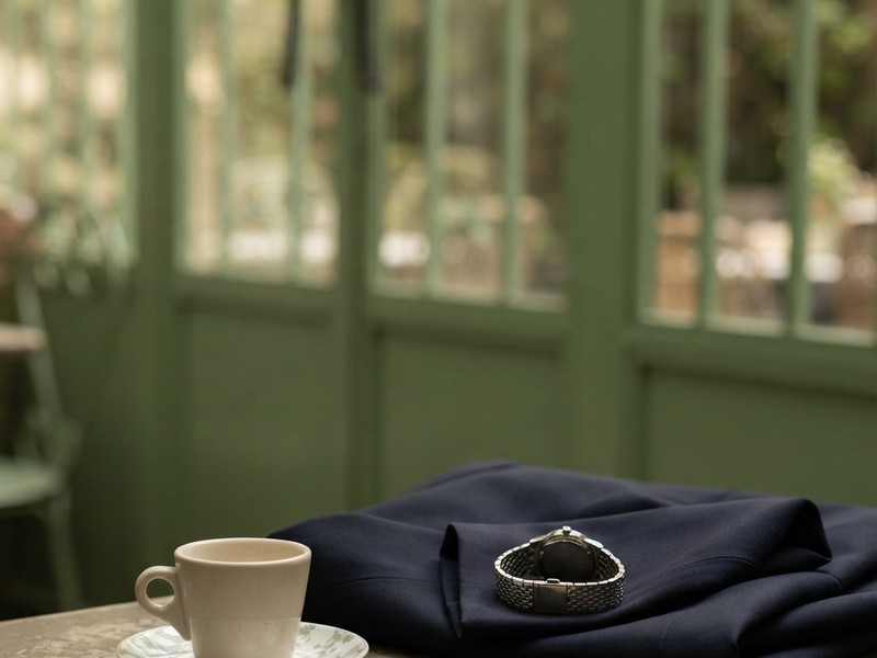 A small white coffee cup on a saucer sits next to a metal wristwatch resting on a folded dark jacket on a table.